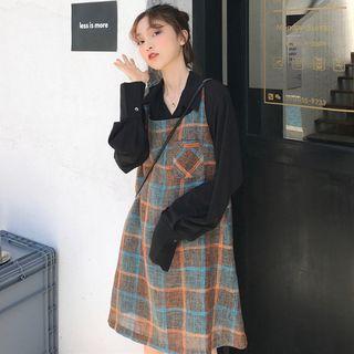 Long-sleeve Shirt / A-line Plaid Pinafore Dress