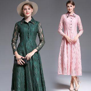 Long Sleeve Jeweled Collar Lace Shirtdress