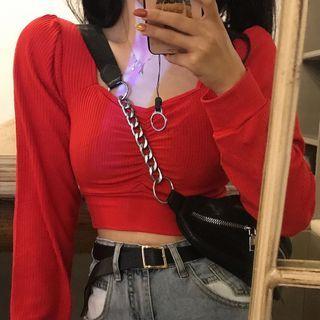 Long-sleeve V-neck Crop Top Wine Red - One Size