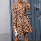 Leopard Print Long Sleeve V-neck Wrap Front Dress