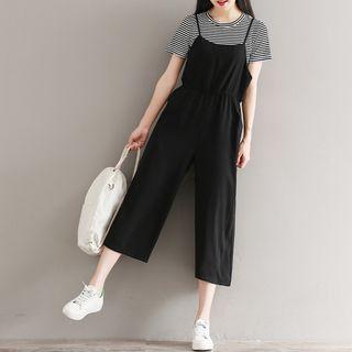 Set: Striped Short Sleeve T-shirt + Cropped Spaghetti Strap Jumpsuit