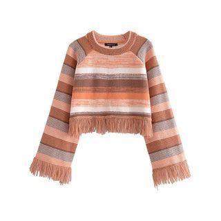 Fringe-hem Striped Sweater