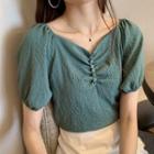 V-neck Puff-sleeve Ruched Blouse