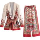 Floral Print Tie-waist Blazer / Wide-leg Pants / Set