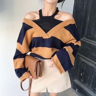 Mock Two-piece Open Shoulder Long-sleeve Knit Top