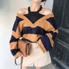 Mock Two-piece Open Shoulder Long-sleeve Knit Top