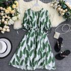 Leaf Print Short-sleeve A-line Midi Dress Green - One Size