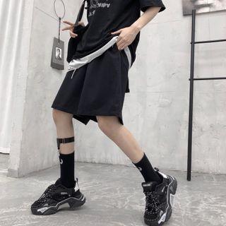 Plain Wide-leg Midi Pants Shorts - Black - One Size
