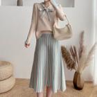 Set: Contrast Trim Bow Accent Knit Top + Striped A-line Skirt