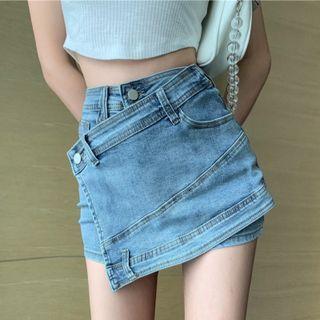 Asymmetrical Panel High-waist Denim Mini Skirt