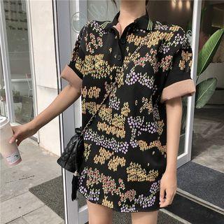 Elbow-sleeve Floral Print Knit Mini Polo Dress As Shown In Figure - One Size