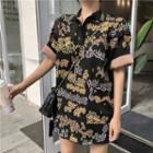 Elbow-sleeve Floral Print Knit Mini Polo Dress As Shown In Figure - One Size