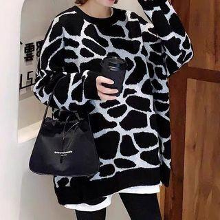Leopard Drop Shoulder Loose Fit Sweater Leopard - Black & White - One Size