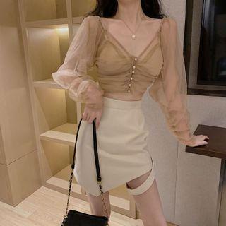 Mesh Long-sleeve Top With Camisole Top / Asymmetric Mini A-line Skirt