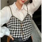 Set: Long-sleeve Plain Shirt + Houndstooth Cropped Camisole Top