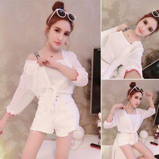 Lettering Camisole Top / Open Front Elbow-sleeve Cardigan / Denim Shorts / Set