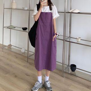 Elbow-sleeve T-shirt / Denim Midi A-line Overall Dress