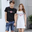 Couple Matching Printed Short Sleeve T-shirt / Lace Panel Cut Out Shoulder Short Sleeve Dress