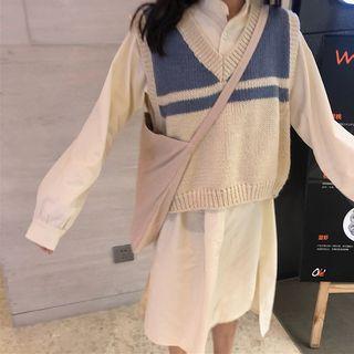 Side Slit Shirt Dress / Color Block Knit Vest