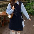 Set: Plain Shirt + Mini A-line Overall Dress Set Of 2 - Shirt - White - One Size / Dress - Black - One Size