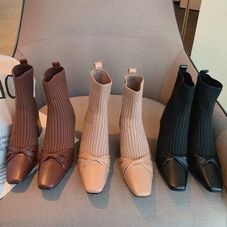 Ribbed Knit Panel Chunky-heel Short Boots
