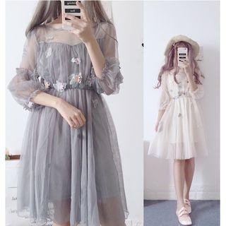Set: Elbow-sleeve Flower-accent A-line Mesh Dress + Slipdress