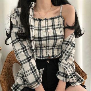 Set: Spaghetti Strap Plaid Top + Shirt