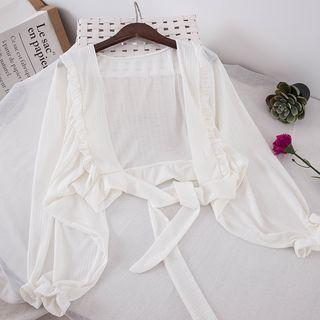 Puff-sleeve Frill Trim Tie-front Cardigan