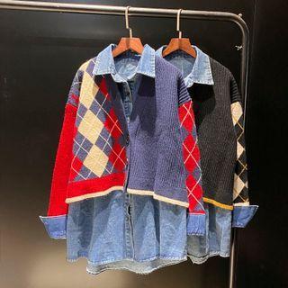 Mock Two-piece Paneled Denim Shirt