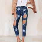 Star Print Distressed Cropped Straight Leg Jeans