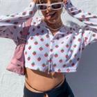 Long Sleeve Strawberry Print Ribbed Knit Crop Top