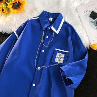 Elbow Sleeve Color Block Chain Detail Shirt
