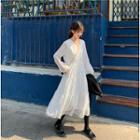 V-neck Dotted Balloon-sleeve Midi A-line Dress