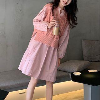 Long-sleeve Henley Shift Dress / Cable Knit Sweater Vest