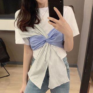 Short-sleeve Striped Knot T-shirt White - One Size