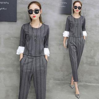 Set: Bell-sleeve Striped Top + Cropped Pants