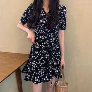 Flower Print Drawstring Short-sleeve A-line Dress Black - One Size