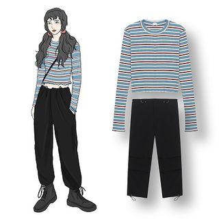 Striped Long-sleeve Top / High Waist Harem Pants