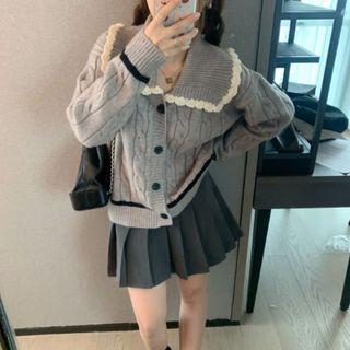 Lace Trim Collar Cardigan Gray - One Size