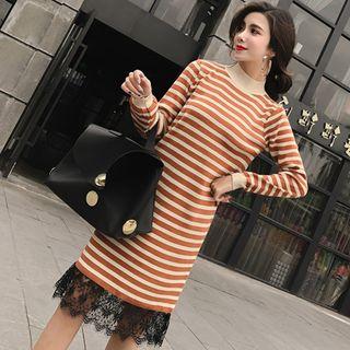 Lace Panel Stripe Midi Sweater Dress