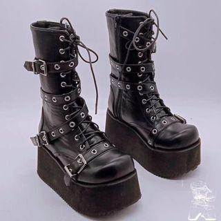Platform Buckled Lace Up Mid Calf Boots