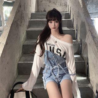Printed Lettering Long-sleeve Top / Denim Jumpsuit