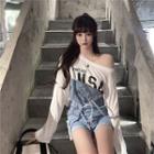 Printed Lettering Long-sleeve Top / Denim Jumpsuit