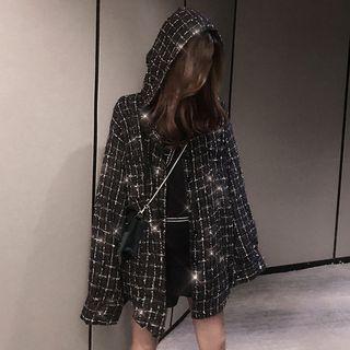 Hooded Plaid Cardigan Black - One Size