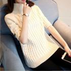 Short Sleeve Cable Knit Turtleneck Sweater