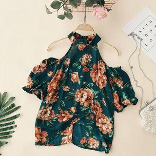 Cold Shoulder Flower Print Short-sleeve Top