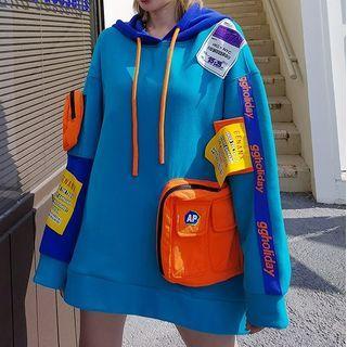 Color Block Patched Hoodie Blue - One Size
