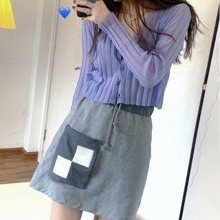 V-neck Cropped Knit Cardigan / Color-block Skirt