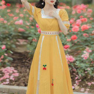 Puff-sleeve Cherry Accent A-line Dress