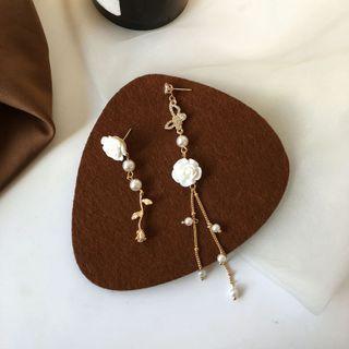 Rose Faux Pearl Asymmetrical Fringed Earring 1 Pair - Earrings - S925 Silver - Asymmetrical - Flower - White - One Size